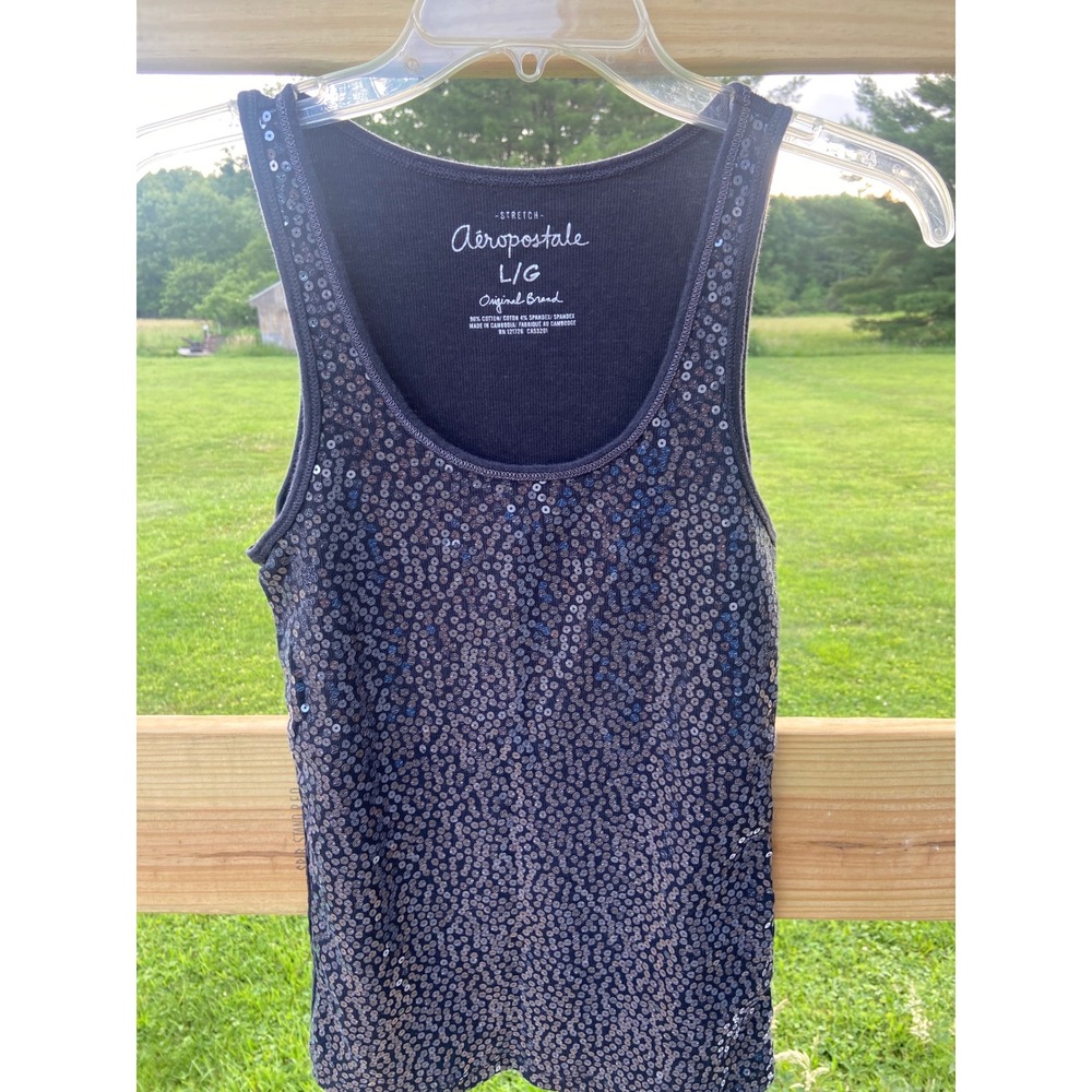 Aeropostale Womens Navy Blue Sequin Tank Top Ribbed Stretch Sleeveless Shirt L